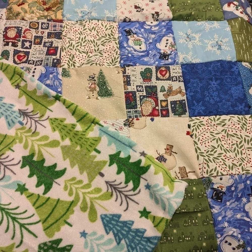 Handmade Snowman Christmas Trees Cotton and Fleece Quilt 45